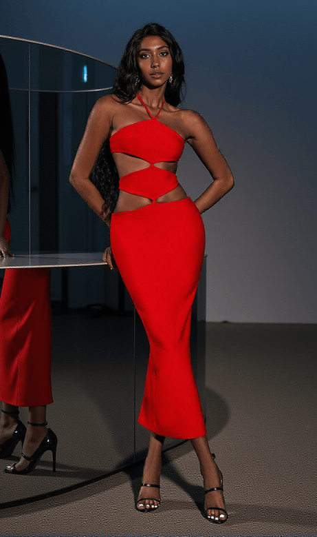 Hedwig Cutout High Split Bandage Dress In Red