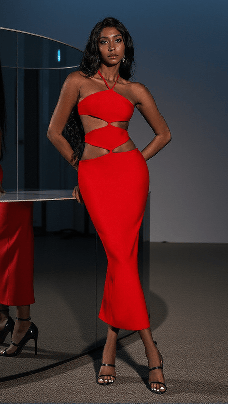 Hedwig – Rotes Bandage-Kleid mit Cut-outs und hohem Schlitz