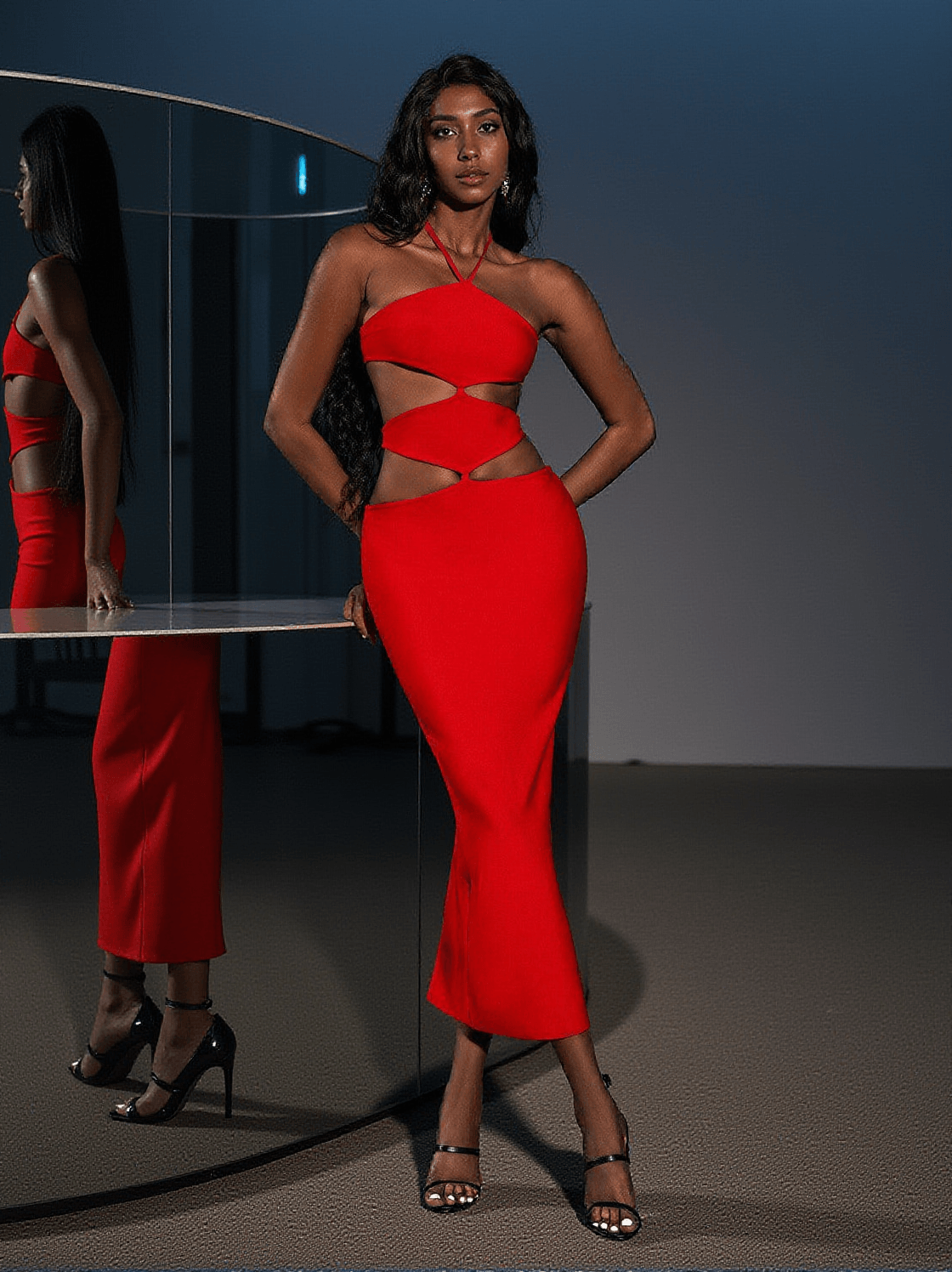 HEDWIG CUTOUT HIGH SPLIT BANDAGE DRESS IN RED