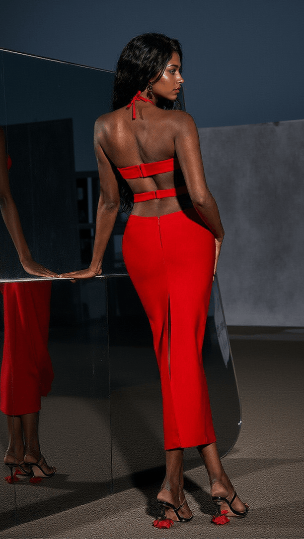 AIIZIE HEDWIG CUTOUT HIGH SPLIT BANDAGE DRESS IN RED - product image