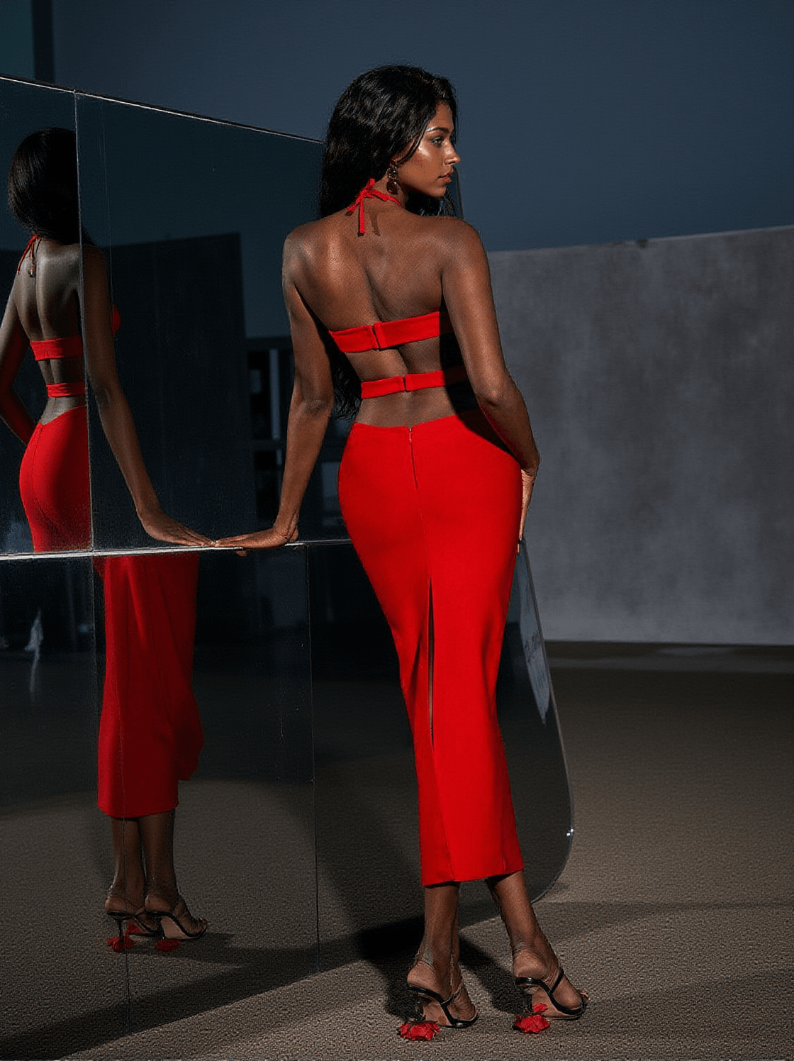 HEDWIG CUTOUT HIGH SPLIT BANDAGE DRESS IN RED