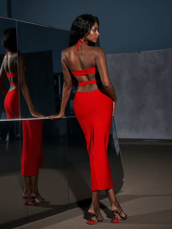 Hedwig Cutout High Split Bandage Dress In Red