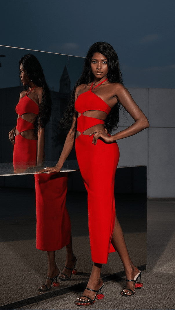 AIIZIE HEDWIG CUTOUT HIGH SPLIT BANDAGE DRESS IN RED - product image