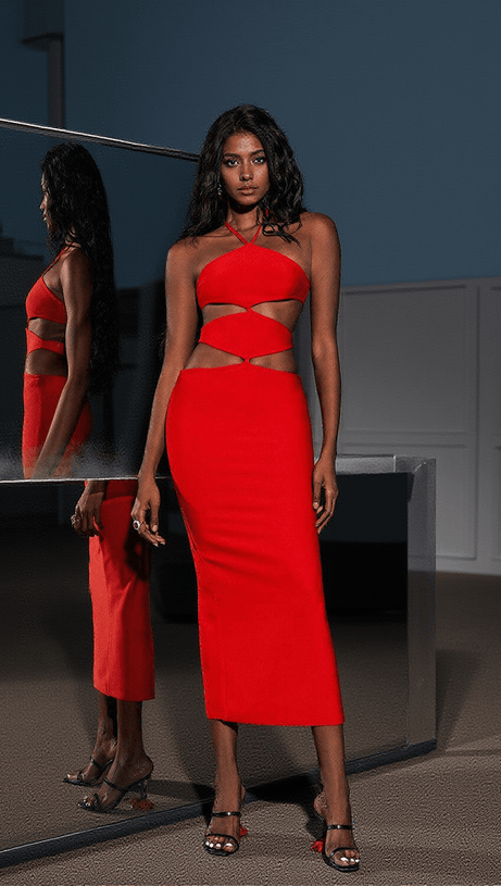 HEDWIG CUTOUT HIGH SPLIT BANDAGE DRESS IN RED