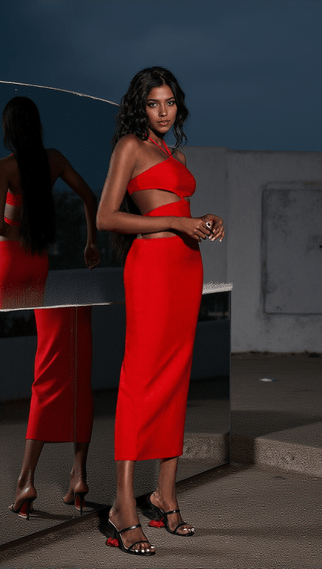 HEDWIG CUTOUT HIGH SPLIT BANDAGE DRESS IN RED