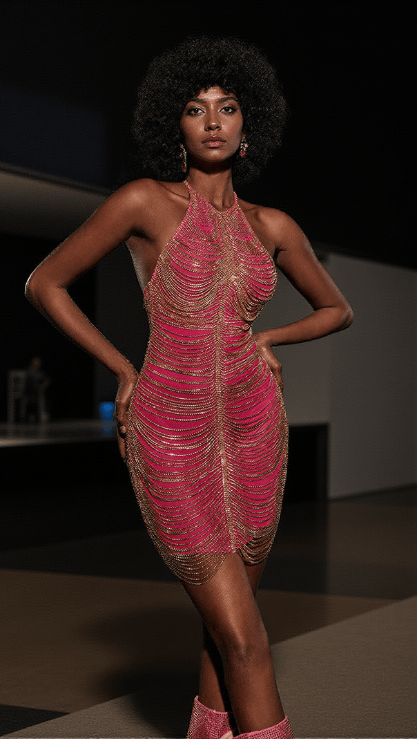 AIIZIE CINZIA HALTERNECK DIAMOND CHAIN MESH MINI DRESS IN HOT PINK - product image