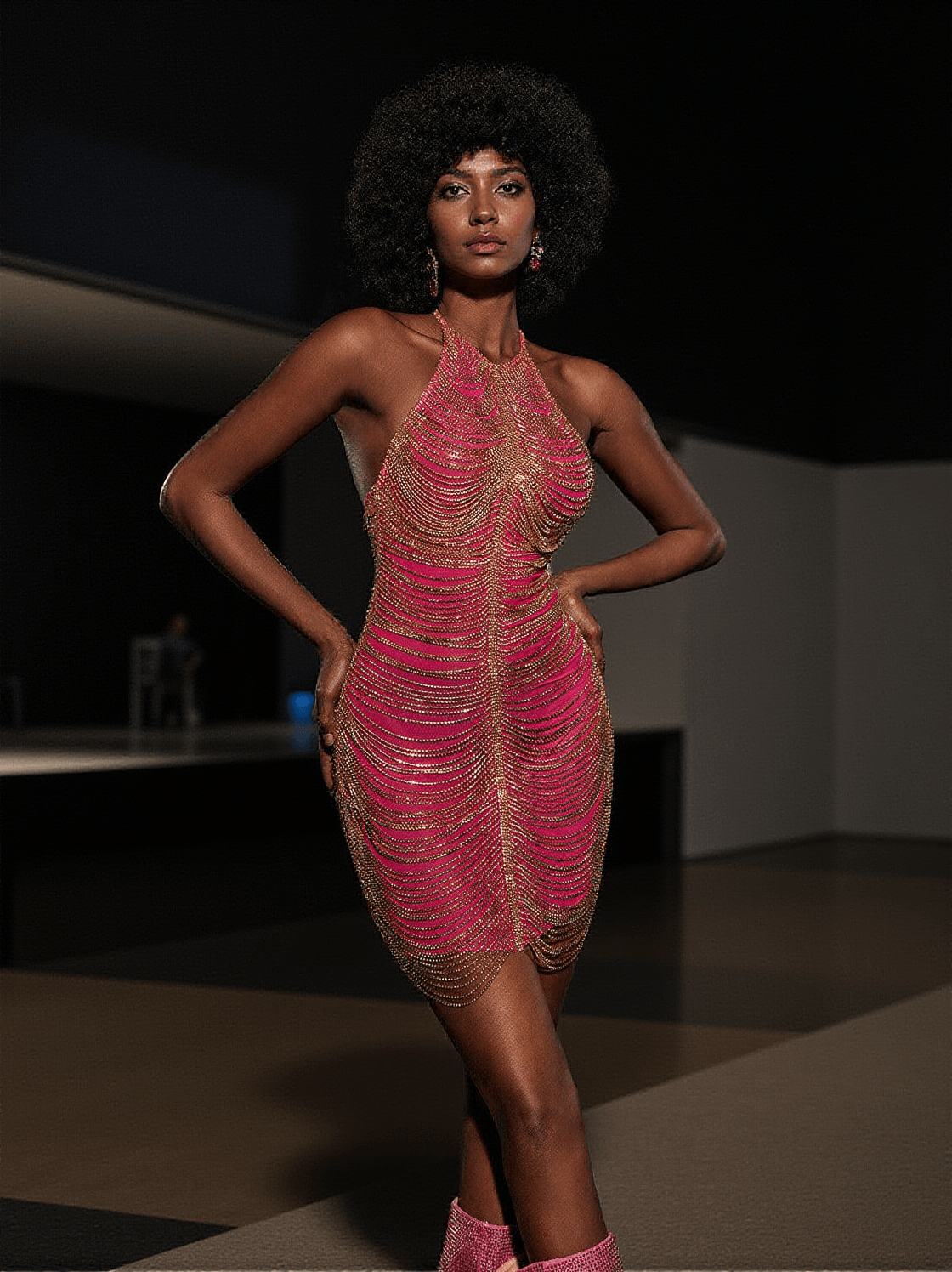 CINZIA HALTERNECK DIAMOND CHAIN MESH MINI DRESS IN HOT PINK