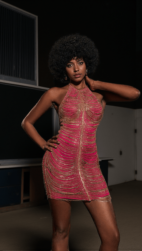 AIIZIE CINZIA HALTERNECK DIAMOND CHAIN MESH MINI DRESS IN HOT PINK - product image
