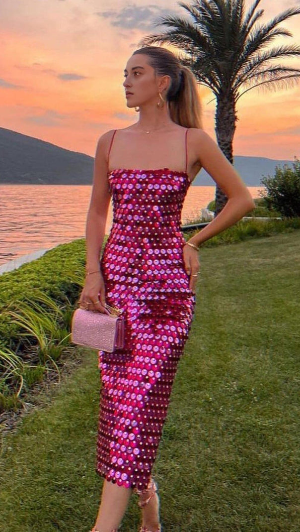 AIIZIE SEQUIN PHOENIX MIDI DRESS IN DARK PINK - product image