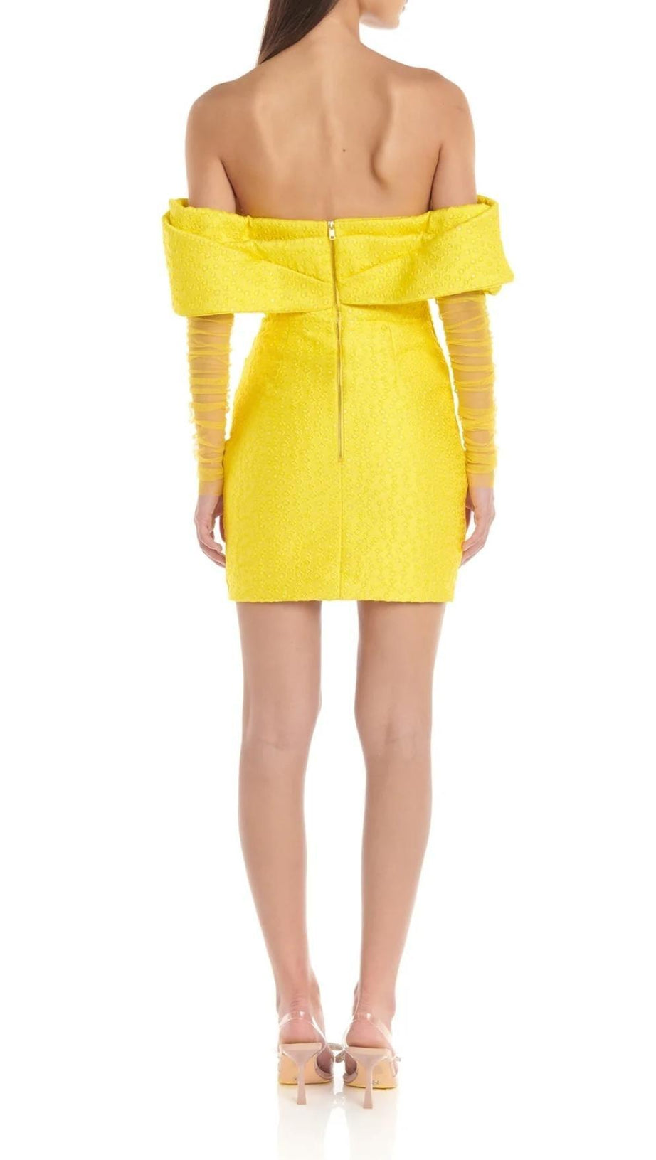 MINI ABITO GIALLO IN RETE CON SPALLE SCOPERTE E RUCHES