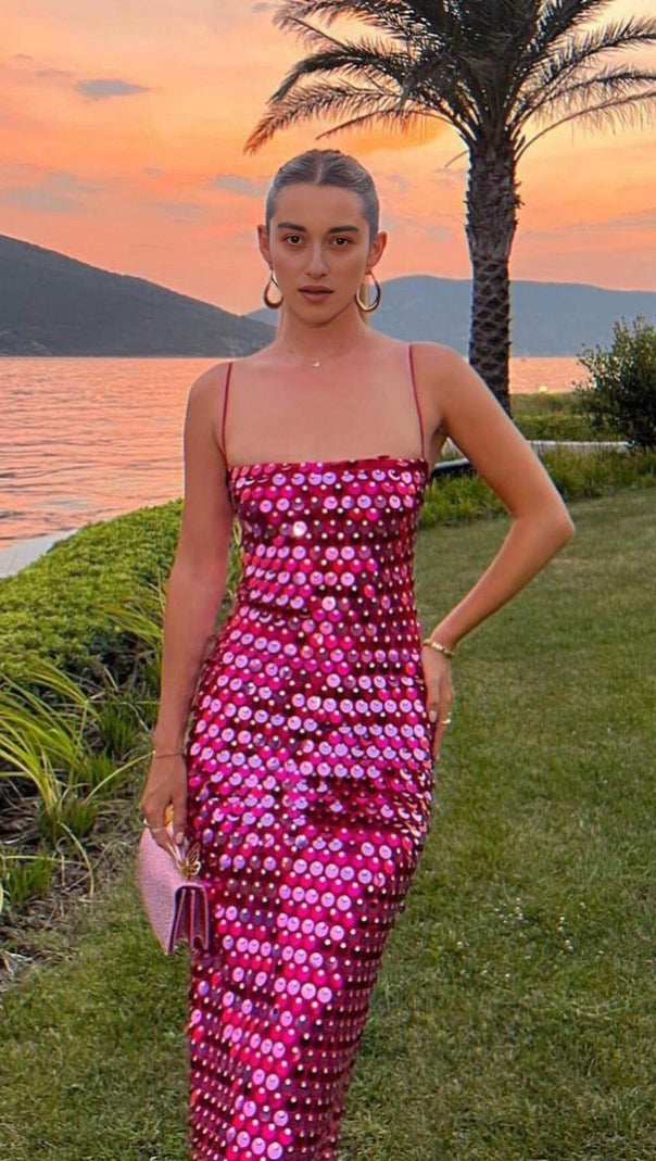AIIZIE SEQUIN PHOENIX MIDI DRESS IN DARK PINK - product image