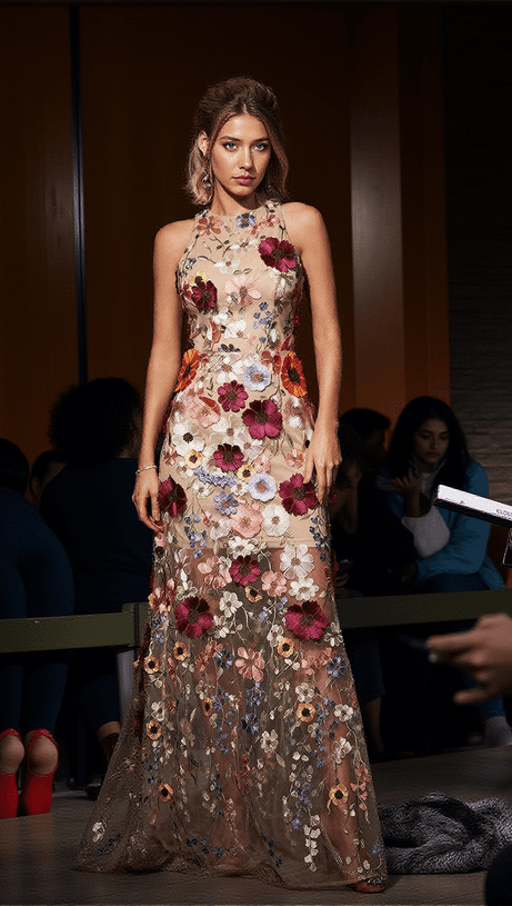 ABITO LUNGO SAIGE SENZA MANICHE IN RETE CON FIORI COLOR FUCSIA