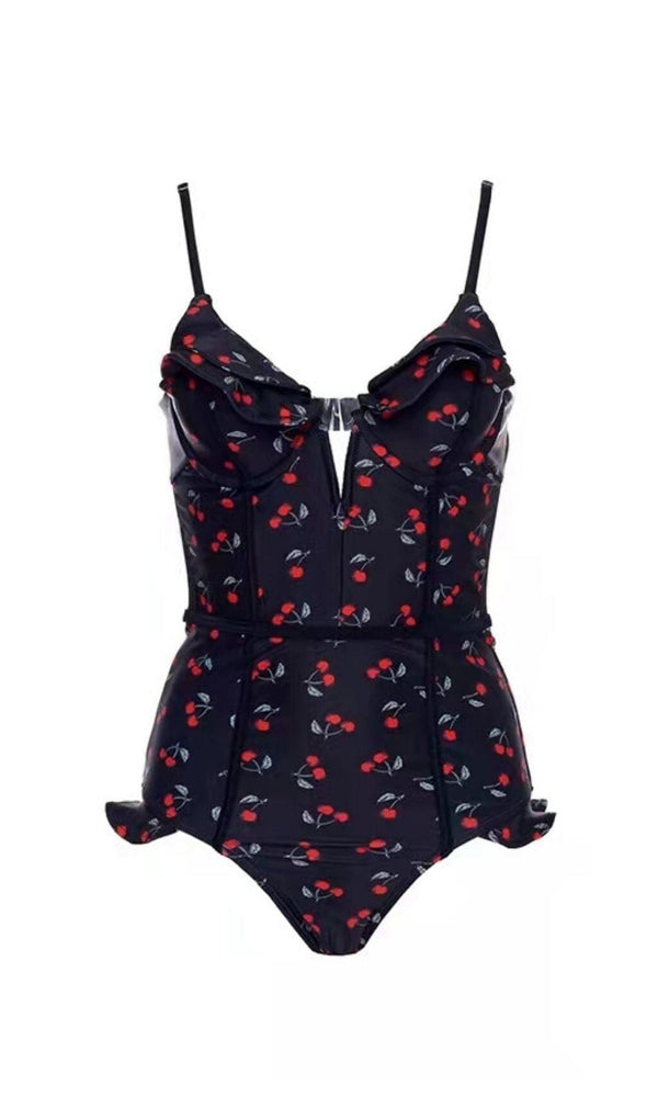 CHERRY PLUNGE SWIMSUIT - BLACK