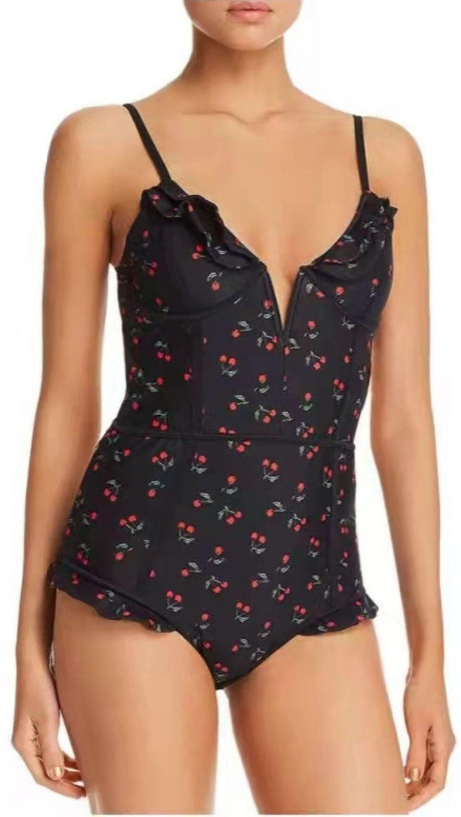 CHERRY PLUNGE SWIMSUIT - BLACK