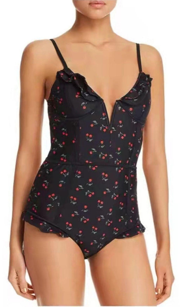 CHERRY PLUNGE SWIMSUIT - BLACK