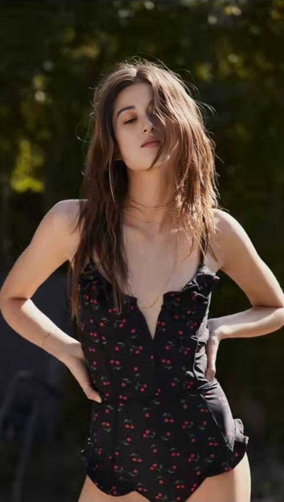 CHERRY PLUNGE SWIMSUIT - BLACK