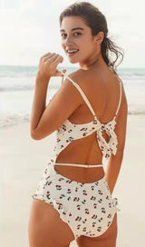 CHERRY PLUNGE SWIMSUIT - WHITE