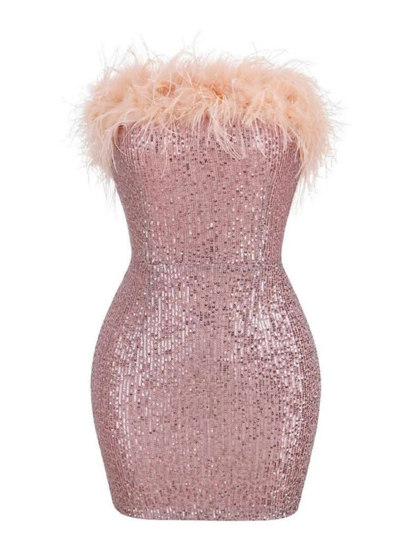 Marin Strapless Feather Sequin Mini Dress In Lotus