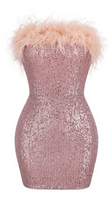 MINI ABITO MARIN SENZA SPALLINE CON PIUME E PAILLETTES IN LOTO