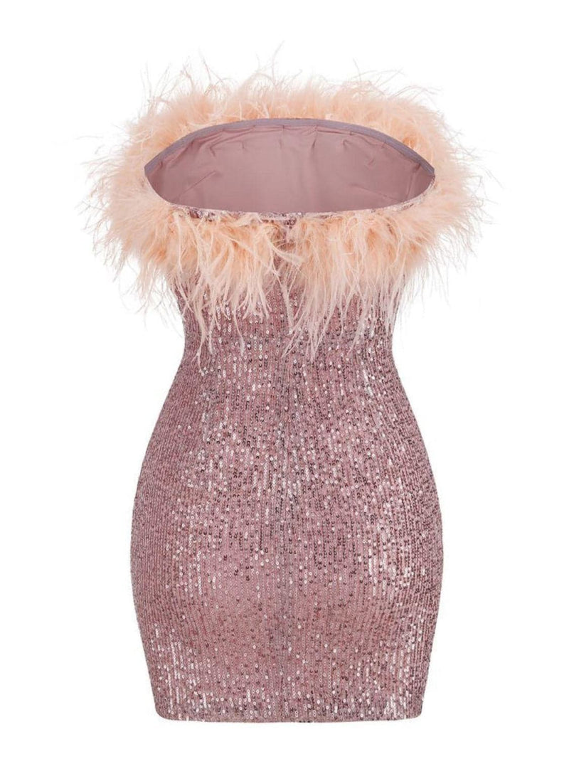 Marin Strapless Feather Sequin Mini Dress In Lotus