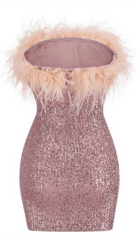 MINI ABITO MARIN SENZA SPALLINE CON PIUME E PAILLETTES IN LOTO