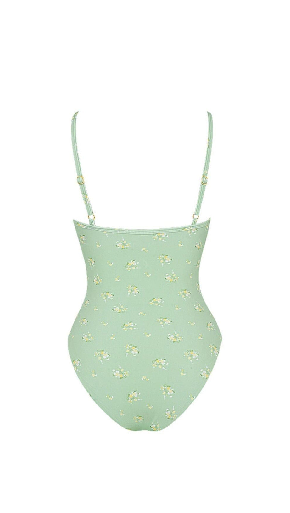 Olivgrüner Badeanzug mit Blumenmuster und Bügeln