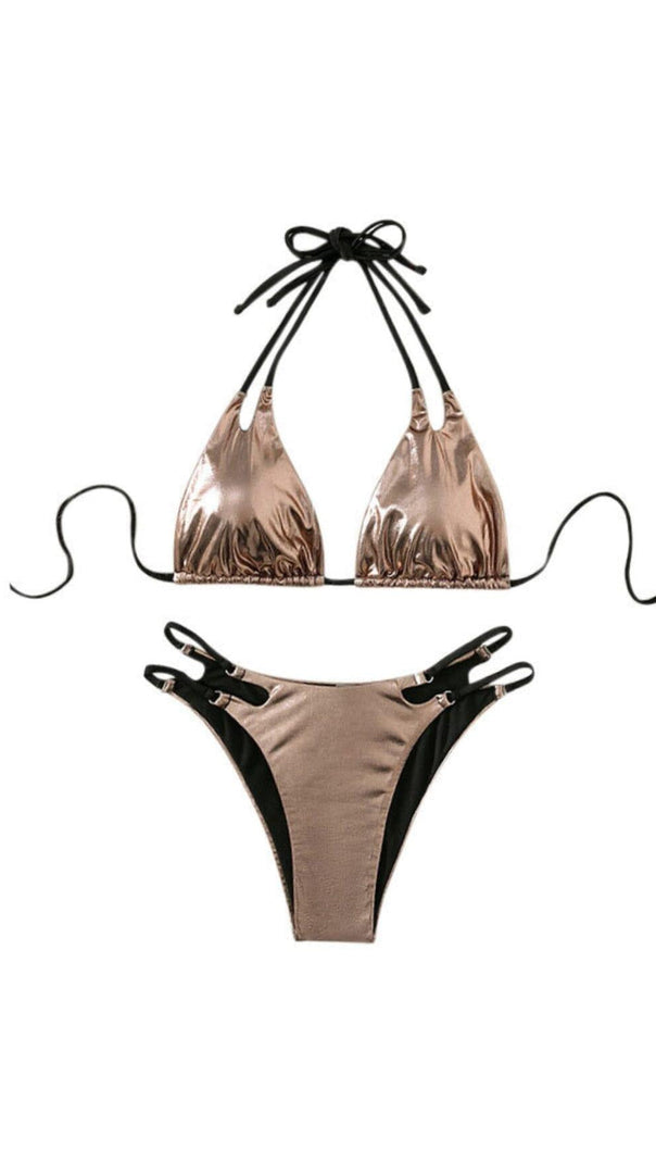 AIIZIE LACE UP HALTER BIKINI IN GOLD - product image
