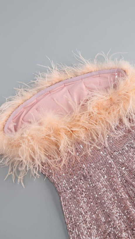 SEQUIN FEATHER OFF SHOULDER MINI DRESS