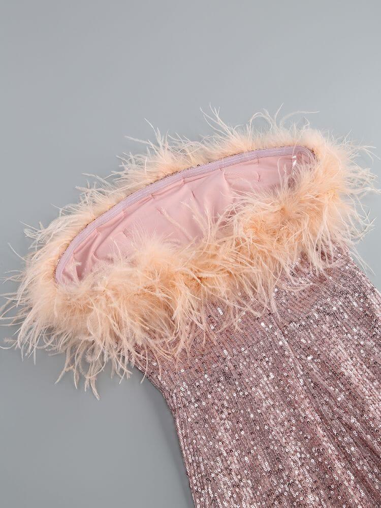 AIIZIE SEQUIN FEATHER OFF SHOULDER MINI DRESS - product image