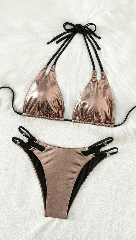 Neckholder-Bikini mit Schnürung in Gold