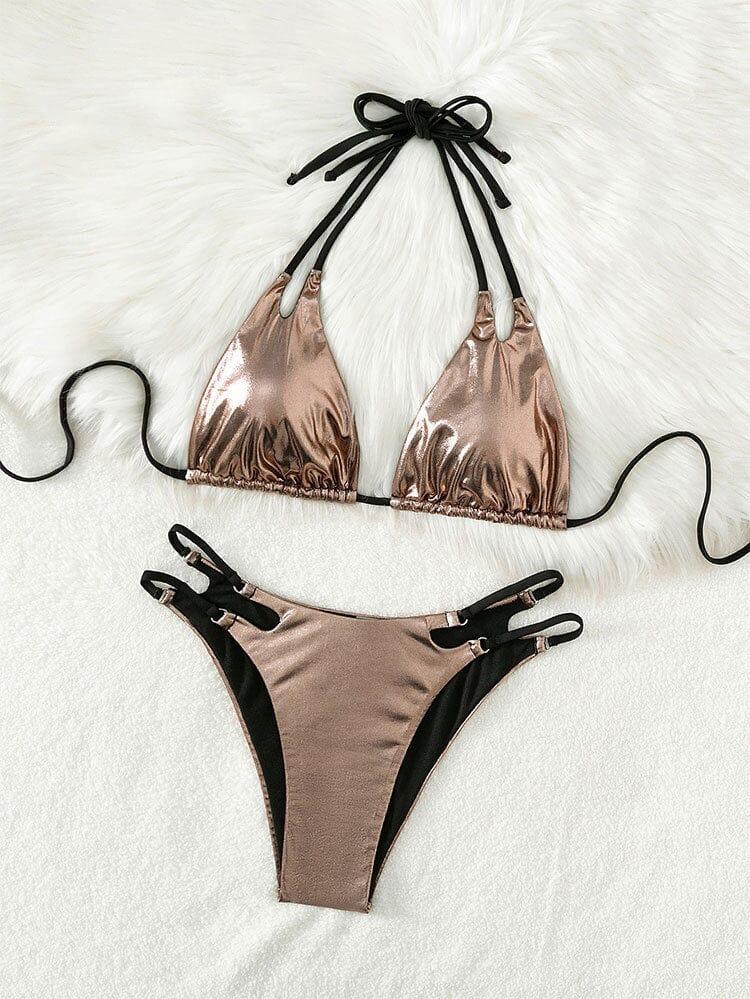 AIIZIE LACE UP HALTER BIKINI IN GOLD - product image