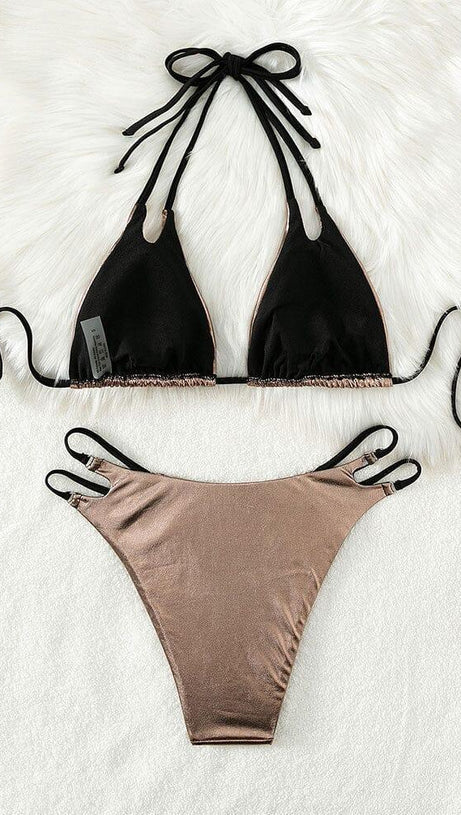 Neckholder-Bikini mit Schnürung in Gold