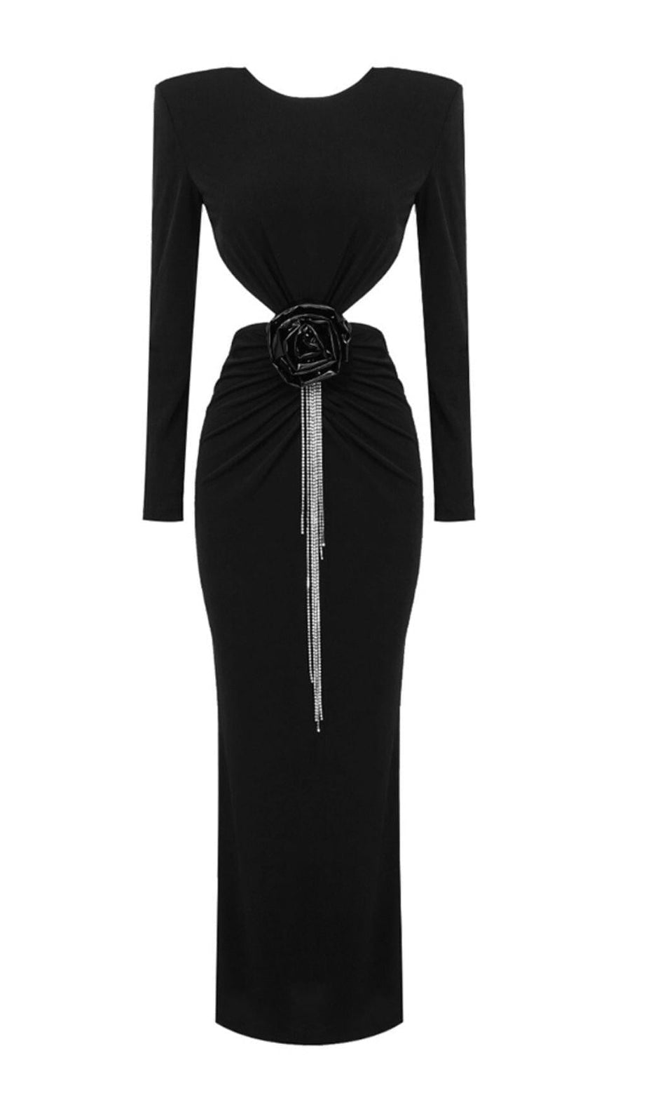 BACKLESS HIP WRAP MIXI DRESS IN BLACK