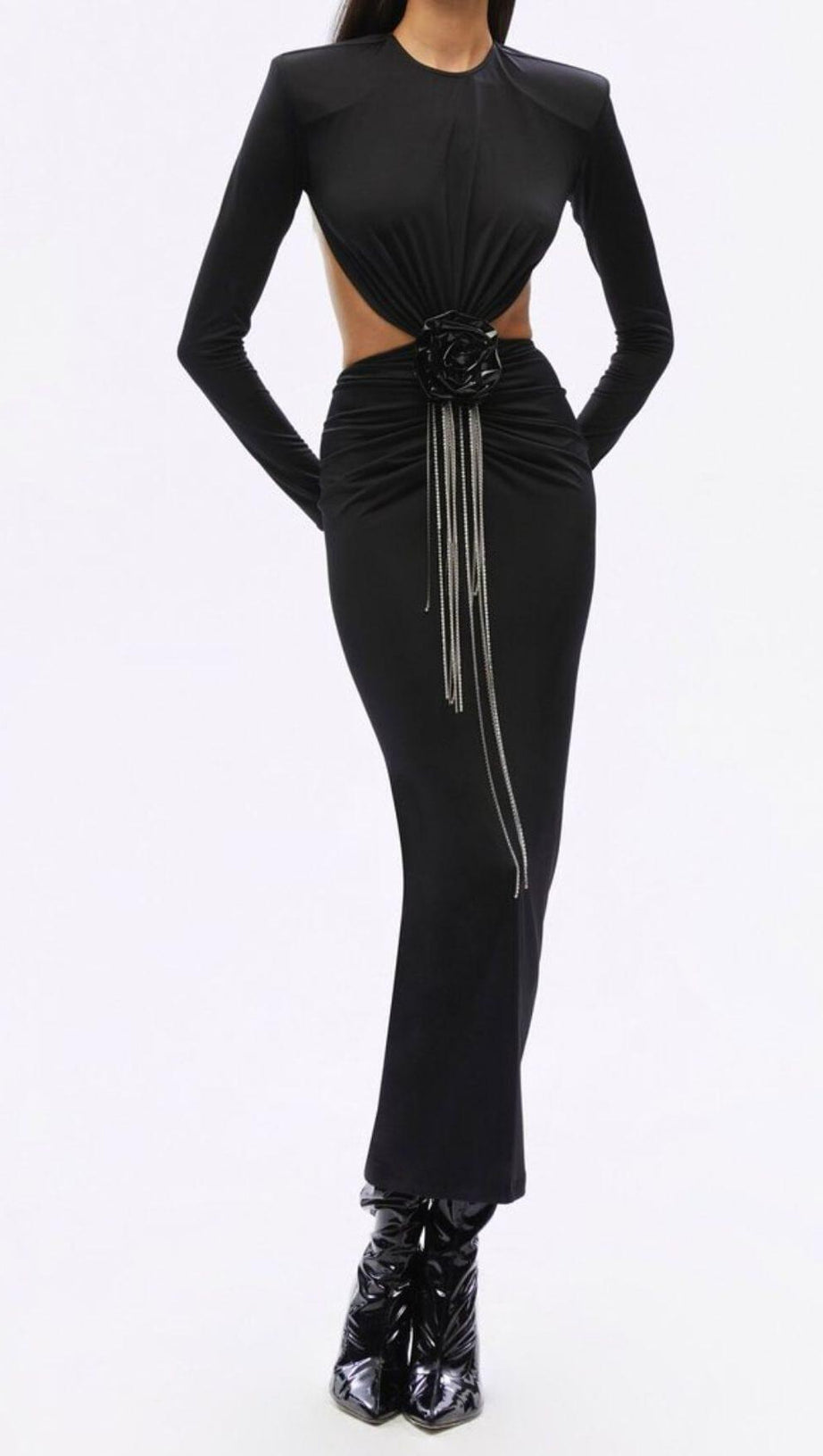 BACKLESS HIP WRAP MIXI DRESS IN BLACK