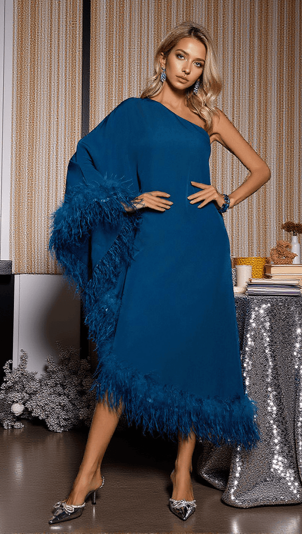 AIIZIE CERIDWEN ONE SHOULDER FEATHER TRIMMED MIDI DRESS IN DARK BLUE - product image