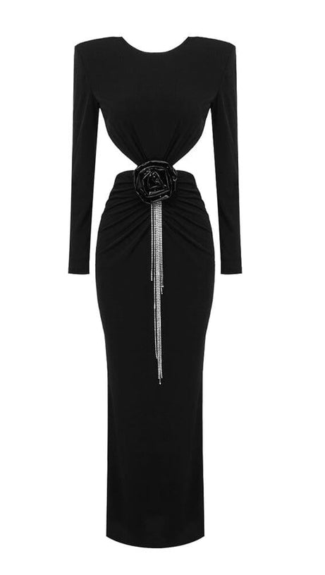 BACKLESS HIP WRAP MIXI DRESS IN BLACK