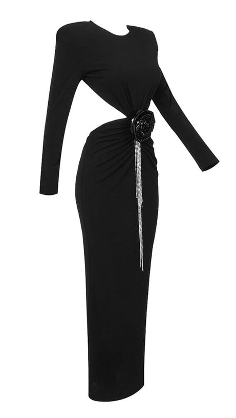 BACKLESS HIP WRAP MIXI DRESS IN BLACK