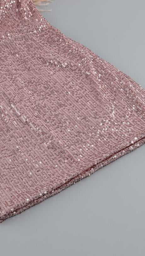 SEQUIN FEATHER OFF SHOULDER MINI DRESS