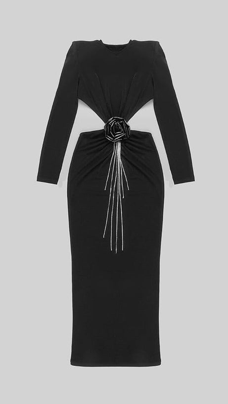 BACKLESS HIP WRAP MIXI DRESS IN BLACK