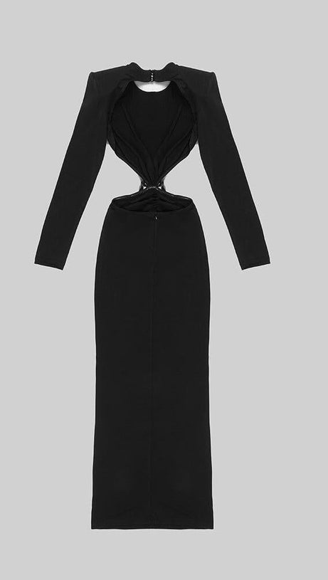 BACKLESS HIP WRAP MIXI DRESS IN BLACK