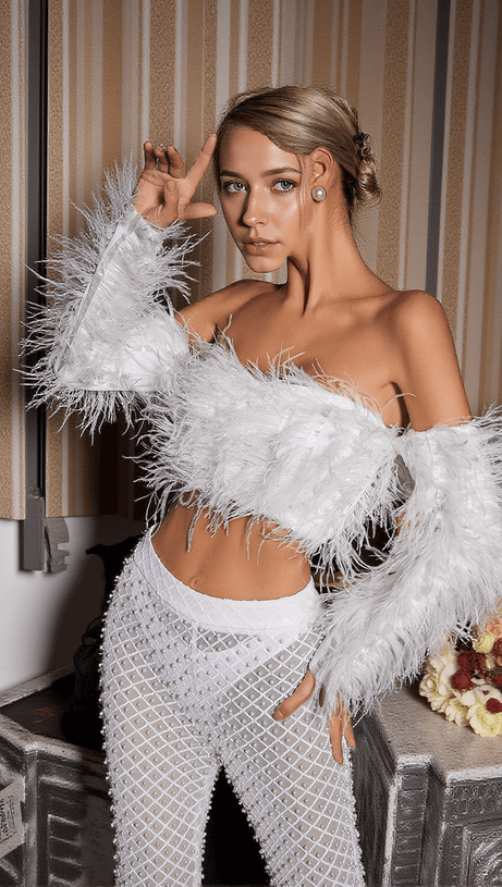 LIBBI OFF SHOULDER CROP FEATHER TOP