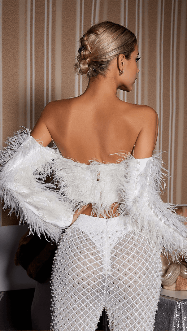 AIIZIE LIBBI OFF SHOULDER CROP FEATHER TOP - product image