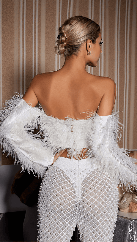 LIBBI OFF SHOULDER CROP FEATHER TOP