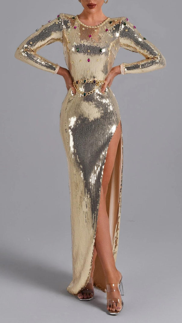 AIIZIE LONG SLEEVES SEQUIN MAXI DRESS IN GOLD - product image