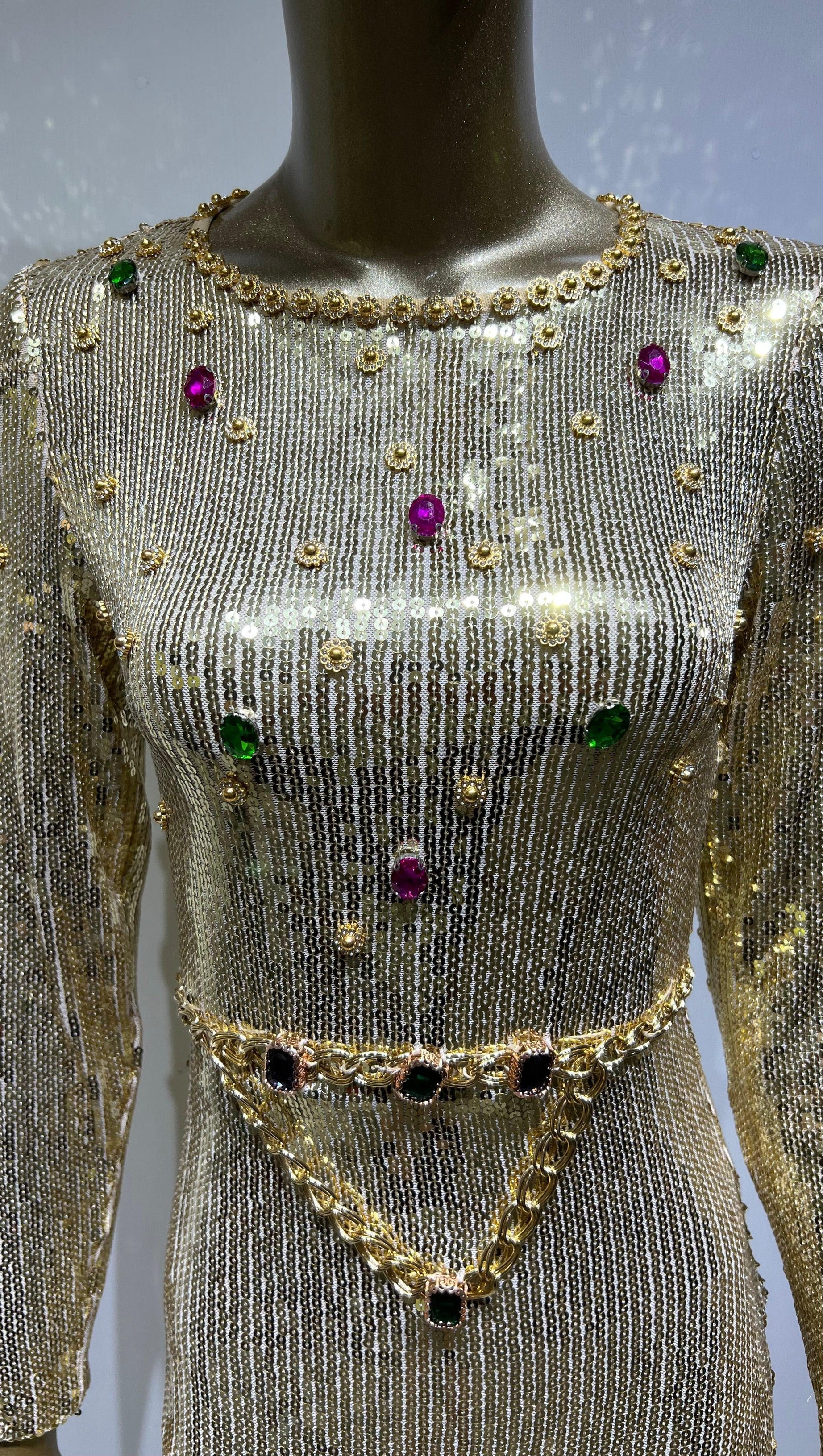 LONG SLEEVES SEQUIN MAXI DRESS IN GOLD