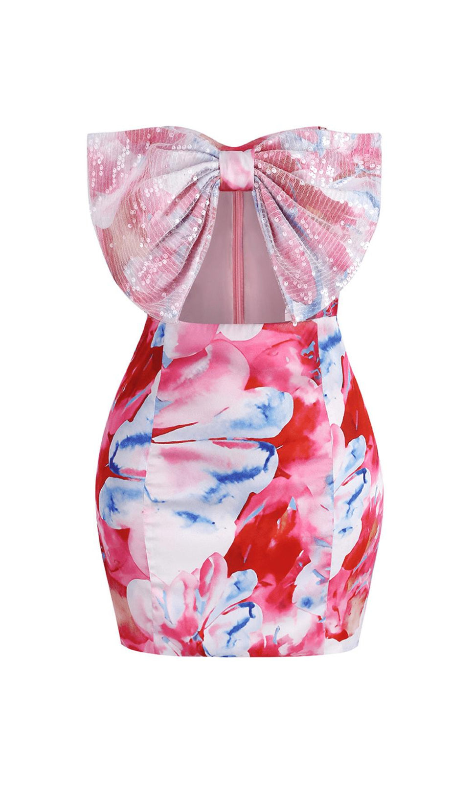 STRAPLESS LARGE BOW DECORATED PRINTED HIP MINI DRESS