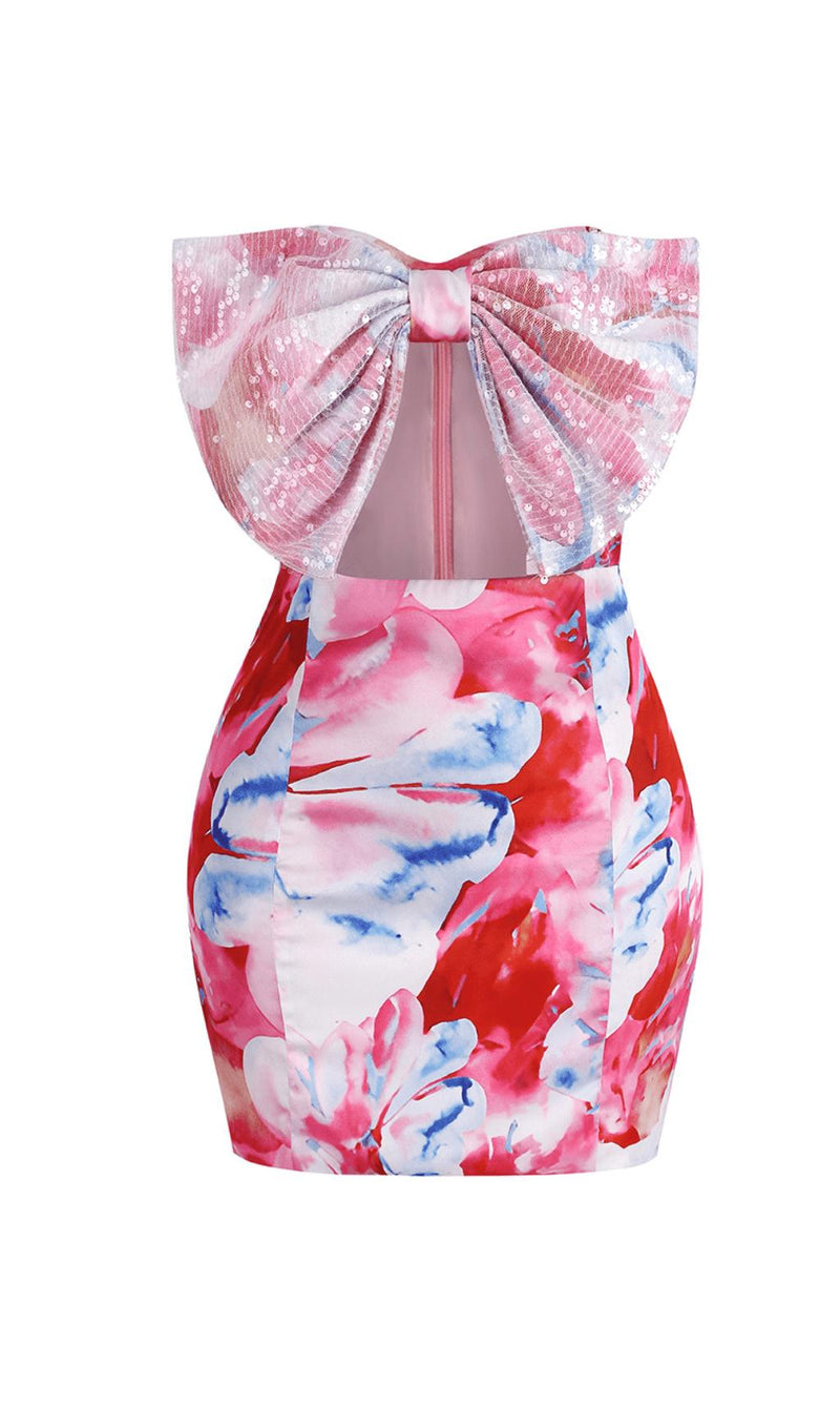 STRAPLESS LARGE BOW DECORATED PRINTED HIP MINI DRESS