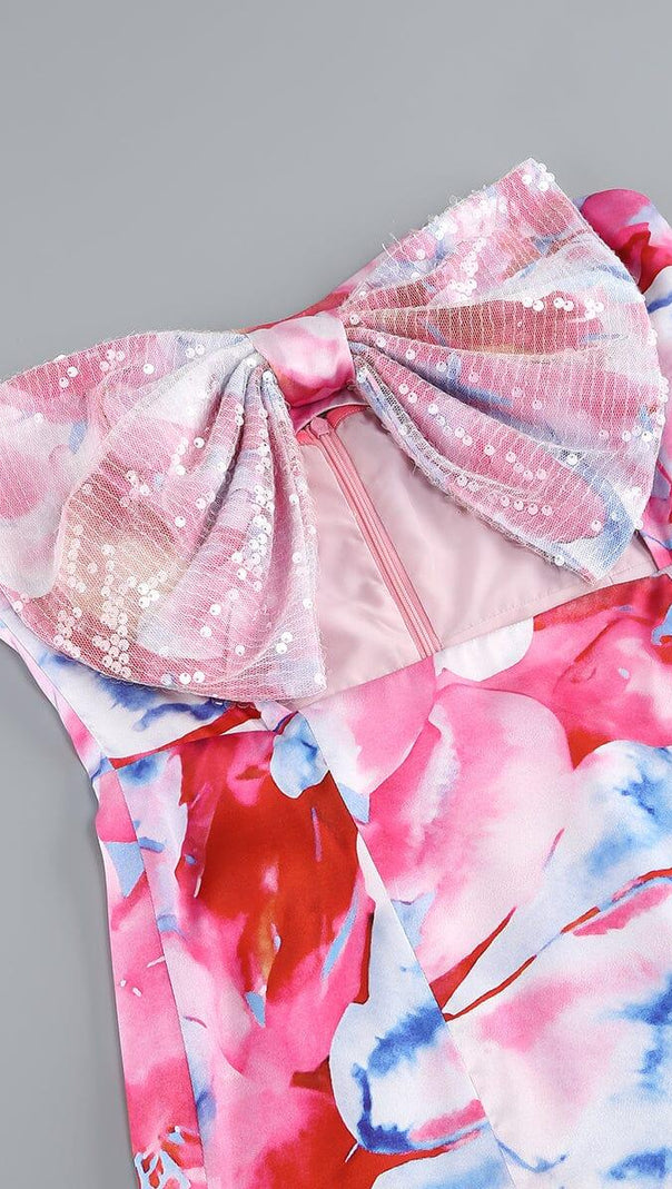 AIIZIE STRAPLESS LARGE BOW DECORATED PRINTED HIP MINI DRESS - product image