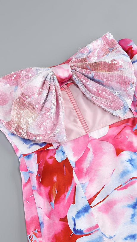 STRAPLESS LARGE BOW DECORATED PRINTED HIP MINI DRESS