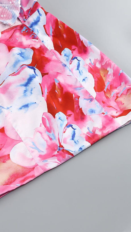 STRAPLESS LARGE BOW DECORATED PRINTED HIP MINI DRESS